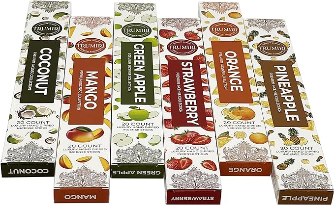 Fruity Incense Sticks Variety Pack - 120 Insence-Sticks (6 Incents x 20 Insense) - Coconut Orange Pineapple Mango Strawberry Apple - Natural Inscents-Sticks Non Toxic Inciensos + Stick Incense Holder