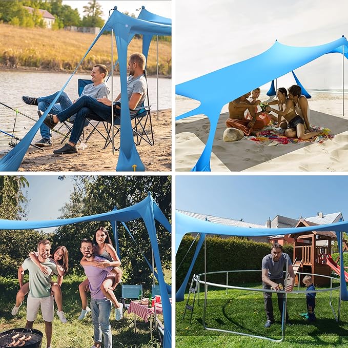 Beach Canopy Beach Tent Pop Up Shade 10x10ft Sun Shelter UPF50+ with 8 Sandbags-2 Sand Shovel-4 Aluminum Poles-Ground Pegs-Portable Carrying Bag for Outdoor Family Camping Fishing Yard Picnic
