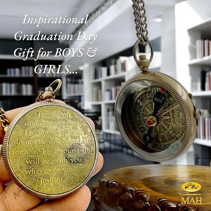 Bible Verse Brass Compass – “Be Strong and Courageous” (Joshua 1:9) | Christian Gift for Graduation, Baptism, Confirmation – Religious Keepsake for Boys, Girls, Teens, Men, Pastors & Church Events