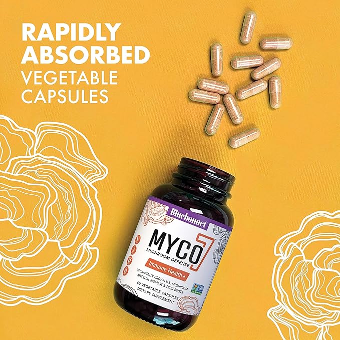 BlueBonnet Nutrition Myco-7 Mushroom Defense – 7 Organically Grown U.S. Whole, Full-Cycle Mushrooms – for Immune & Wellness - Soy-Free, Gluten-Free, Non-GMO, Kosher, and Vegan – 60 Vegetable Capsules