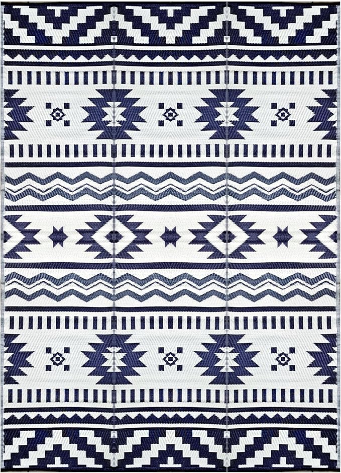 BalajeesUSA Outdoor Rugs–9x18 Plastic Patio Decor Grey Dark Blue, Durable and Affordable Recycled Straw Picnic All-Weather and Waterproof Reversible Camper Awning mats 7582