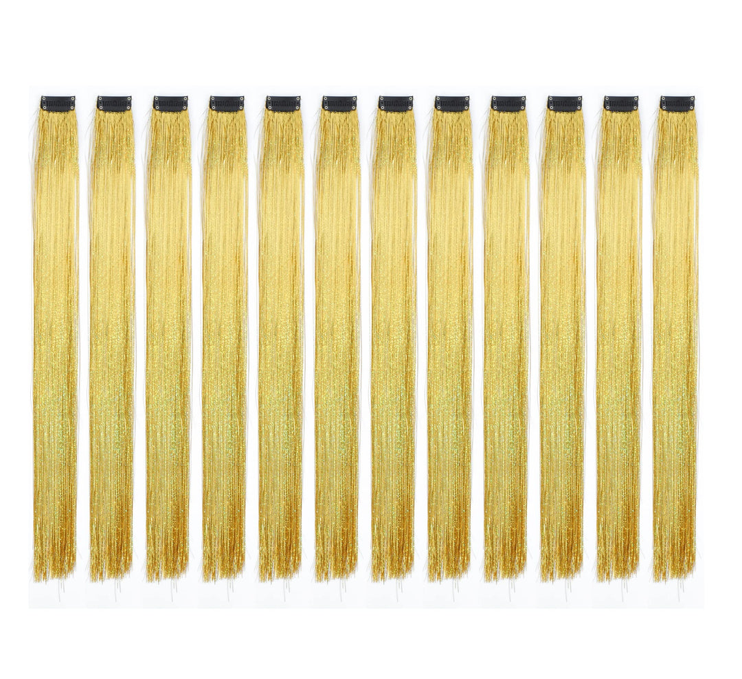 SWACC 12 Pcs Straight 12 Pcs Straight One Color Party Highlights Clip on in Hair Extensions Colored Hair Streak Synthetic Hairpieces (Sparkling Tinsel Gold)
