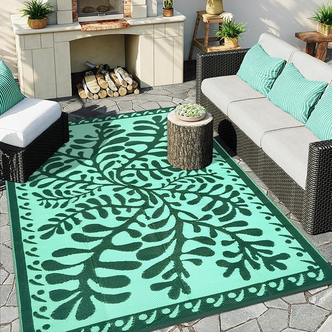 Anidaroel 8x10 Outdoor Rug for Patios Clearance, Waterproof Camping Rug for Outside RV, Reversible Plastic Straw Outside Rugs, Large Outdoor Area Rug for Garden, Camper(Green,8’x10’)