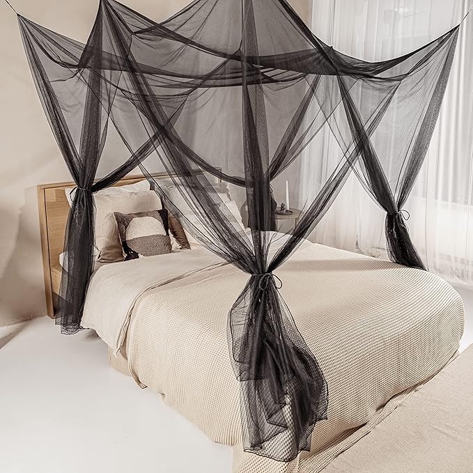 Black Mosquito Net for Single to King-Sized Beds – 4 Side Openings & 6 Hanging Loops – Decorative Rectangular Shape for Home & Travel – Bed Canopy Hanging Kit & Carrying Bag Included
