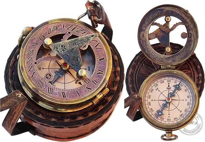 MAI Brass Sundial Compass Beautiful Gift Item with Leather Case - Sun Clock - Steampunk Accessory – Nautical Gift – Wedding Gifts for Him – Sundial Watch