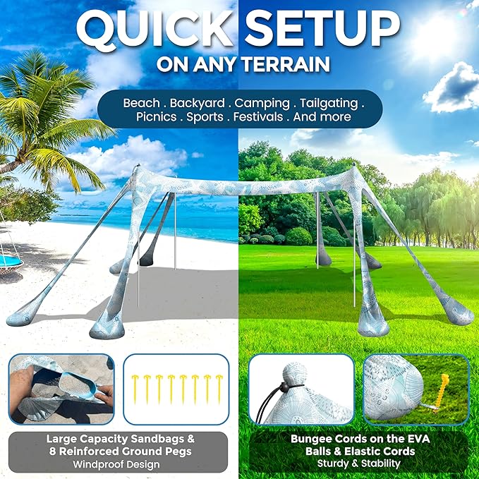 Beach Canopy Beach Tent Pop Up Shade 10x10ft Sun Shelter UPF50+ with 8 Sandbags-2 Sand Shovel-4 Aluminum Poles-Ground Pegs-Portable Carrying Bag for Outdoor Family Camping Fishing Yard Picnic