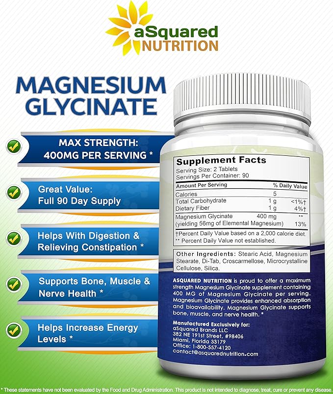 aSquared Nutrition Magnesium Glycinate 400mg - 180 Tablets - Max Strength Magnesium Bisglycinate Supplement -Maximum Bioavailability & Absorption-Non-GMO -Not Buffered-Supports Muscles, Bones & Heart