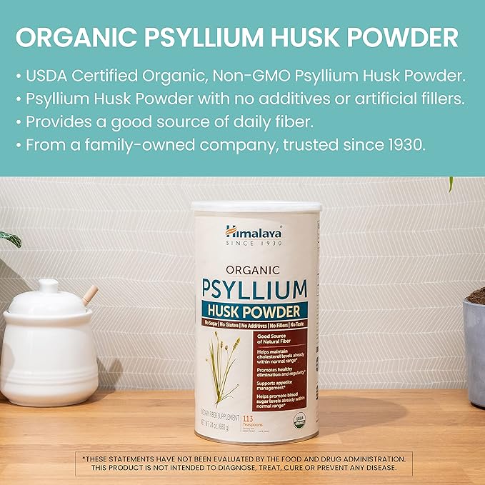 Himalaya Organic Psyllium Husk Powder, Daily Dietary Fiber Supplement, Regularity, Appetite Management, Certified Organic, Non-GMO, No Artificial Colors, Unflavored, 113 Teaspoon Supply, 24 Oz