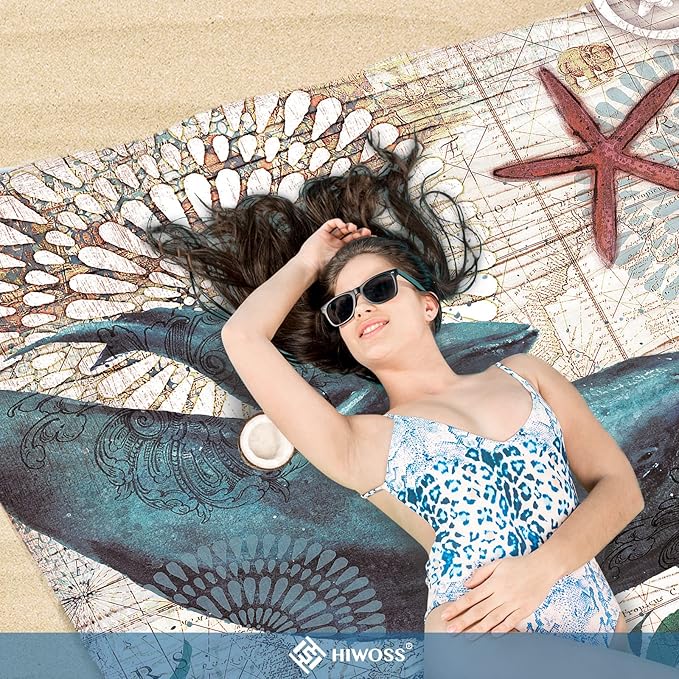 Beach Blanket Waterproof Sandproof Oversized 95”x 80”,Sand Free Beach Mat with Corner Pockets,Portable Mesh Bag for Beach Festival,Picnic,Travel and Outdoor Camping (Dolphin)