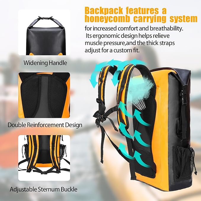 8 Fans Waterproof Backpack 30L,Floating Dry Bag with Phone Case,Roll Top Closure Waterproof Bag for Kayak Boating Sailing Canoeing Rafting Fishing Camping Orange