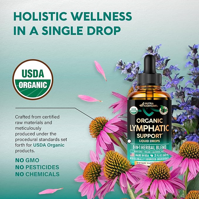 USDA Organic Lymphatic Drainage Supplement - Echinacea | Elderberry | Dandelion | Rosehip | Cleavers | Calendula | Burdock - Made in USA - Lymph System Drops - Immune Support, Cleanse & Detox, 3 Pack