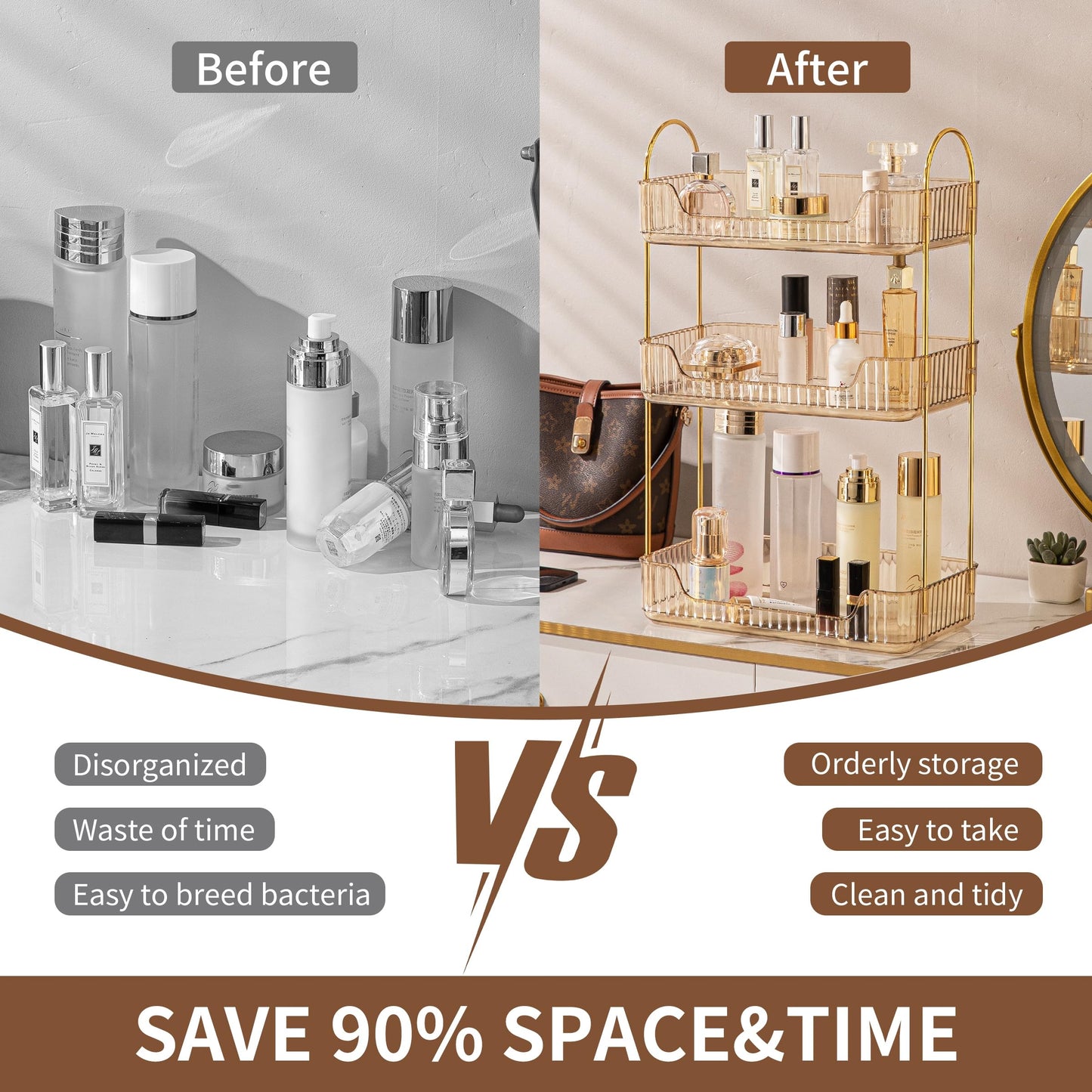 Bathroom Organiser Countertop, Vanity Trays for Bathroom, Skincare Makeup Organiser Shelf, Vanity Organiser, Bathroom Counter Shelf for Cosmetics, Toiletries, Lotions, Perfumes (3 Tiers, Amber)