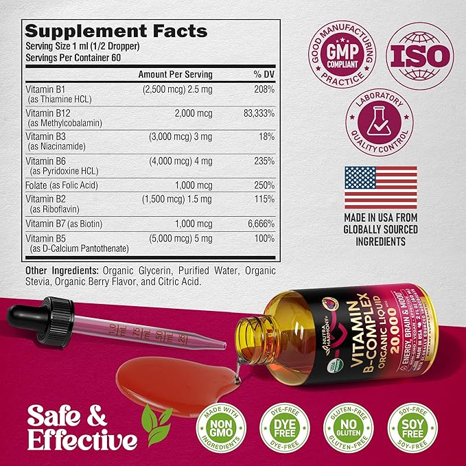 USDA Organic Vitamin B-Complex B5 Pantothenic Acid | B12 Methylcobalamin | B1 Thiamine | B6 Pyridoxine | B7 Biotin | B9 Folic | B3 Niacinamide - B Complex Liquid Drops, Made in USA Supplement, 2fl oz