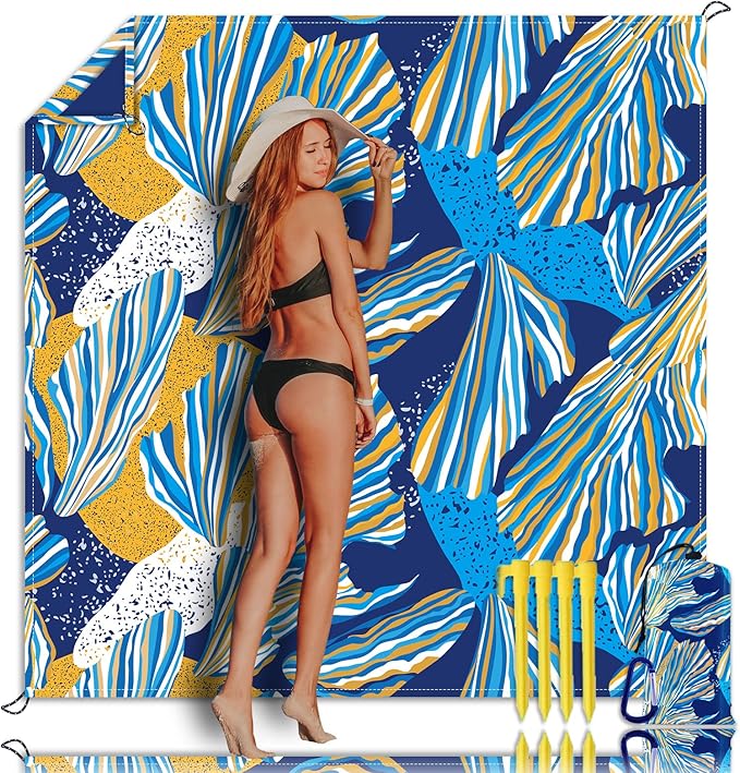 Beach Blanket, Waterproof Sandproof Beach Mat Oversized 79 X 83 Inch for 4-6 Adults, Lightweight Picnic Blanket, Portable Picnic Mat for Outdoor Travel Camping Hiking with 4 Stakes & 4 Corner Pocket
