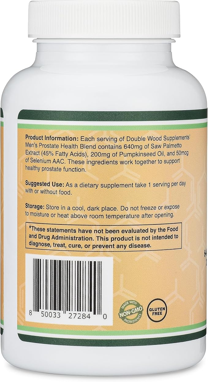 Prostate Support Supplement for Men's Health (120 Capsules) One Serving per Day for 30 Days Supports Prostate Function and Urinary Control (Saw Palmetto, Pumpkin Seed Oil, Selenium) by Double Wood