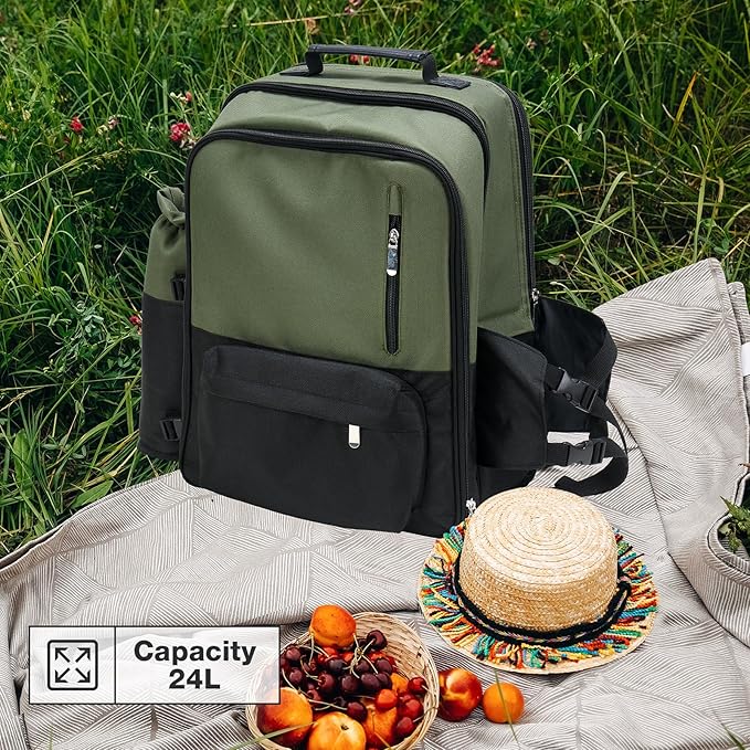 Couple Gifts 24L Picnic Basket Set, Green Insulated Picnic Backpack for 2, Leak Proof Cooler Camping Gifts, Cool Bridal Shower Gifts Anniversary Engagement Wedding Gifts for Couples, Mr and Mrs Gifts