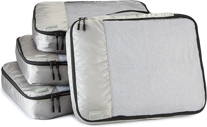 Amazon Basics 4 Piece Packing Cubes Travel Organizer Set with Double Zipper, Mesh Top, Large, Gray