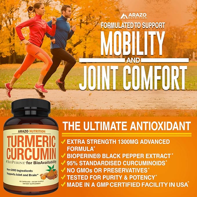 Arazo Nutrition Turmeric Curcumin with BioPerine 1300mg with Black Pepper - Joint Support Nutritional Supplements - 100% Herbal Tumeric Root Capsules