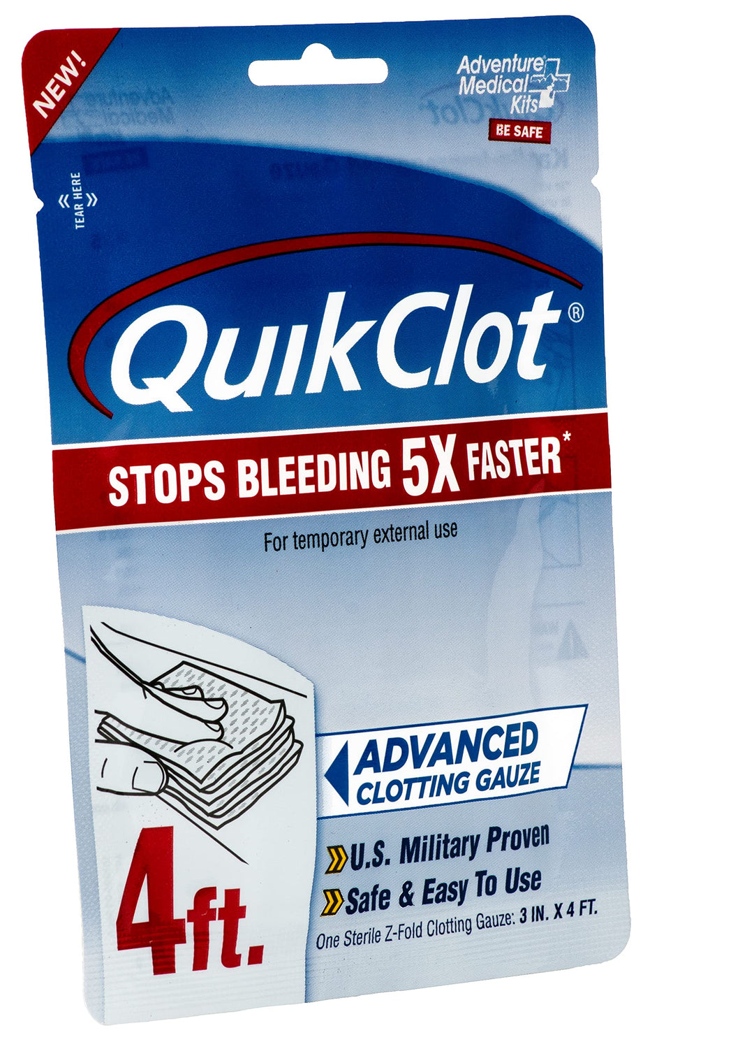 Adventure Medical Kits QuikClot Gauze - Gauze for Emergency Survival Kit, Doomsday Prepping Supplies & More - Stops Bleeding Fast with Kaolin - Flexible Hemostatic Medical Gauze - 3" x 48"