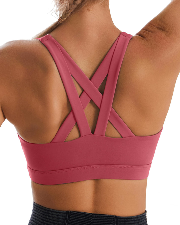 RUNNING GIRL Sports Bra for Women, Criss-Cross Back Padded Strappy Sports Bras Medium Support Yoga Bra with Removable Cups (WX2575-Rose Red, S)