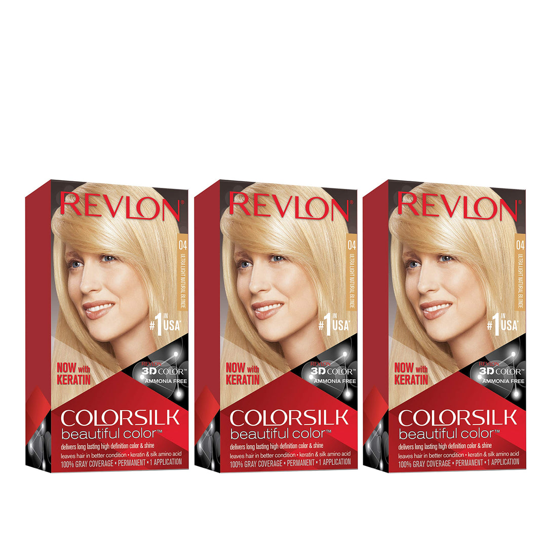 Revlon Permanent Hair Color, Permanent Hair Dye, Colorsilk with 100% Gray Coverage, Ammonia-Free, Keratin and Amino Acids, 04 Ultra Light Natural Blonde, 4.4 Oz (Pack of 3)