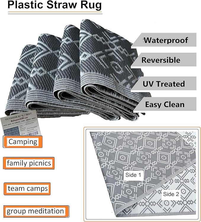 BalajeesUSA Outdoor Rugs 6'x9' Grey Patio decore Reversible Waterproof Portable Camper Awning mats for Outside Your RV Porch Backyard Deck Tent Balcony Picnic Beach 7049