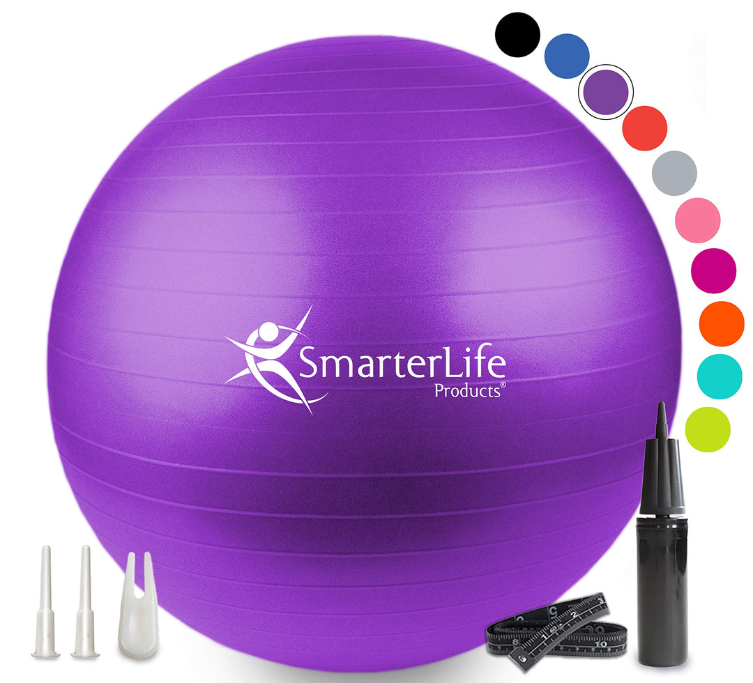 SmarterLife Workout Exercise Ball for Fitness, Yoga, Balance, Stability, or Birthing, Great as Yoga Ball Chair for Office or Exercise Gym Equipment for Home, Non-Slip Design (45 cm, Purple)
