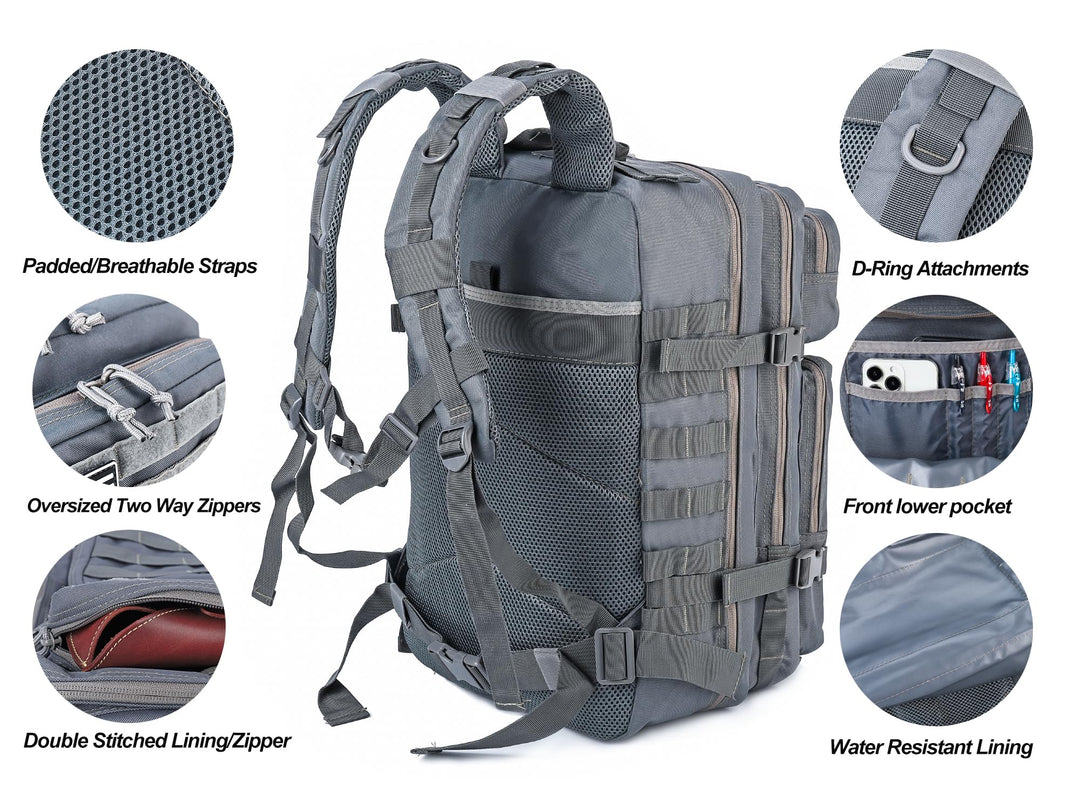 LHI Military Tactical Backpack for Men and Women 45L Army 3 Days Assault Pack Bag Large Rucksack with Molle System - Grey