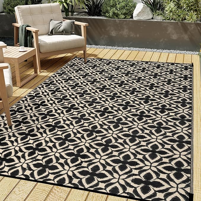 Outdoor Rug for Patios Clearance,Waterproof Mat,Large Outside Carpet,Reversible Plastic Straw Camping Rugs,Rv,Porch,Deck,Camper,Balcony,Backyard (5x8,Clover A/Black&Beige)