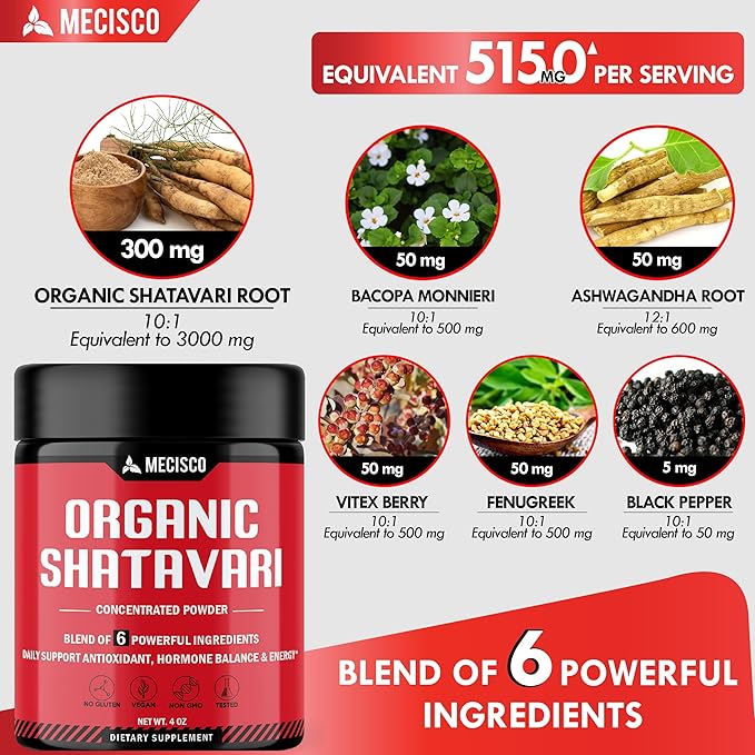 6in1 Shatavari Powder Organic - Blended with Shatavari Root, Bacopa Monnieri, Ashwagandha Root, Vitex Berry, Fenugreek & Black Pepper - Supports Rejuvenation, Promotes Energy & Vitality - 4 Oz