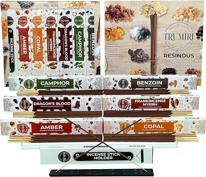 Trumiri Incense Sticks - 120 Insence-Sticks (20 Insense x 6 Incents) - Incienso Inscents-Sticks with Dragon Blood Frankincense Myrrh Benzoin Amber Copal Resin and Camphor Alcanfor + Incense Holder