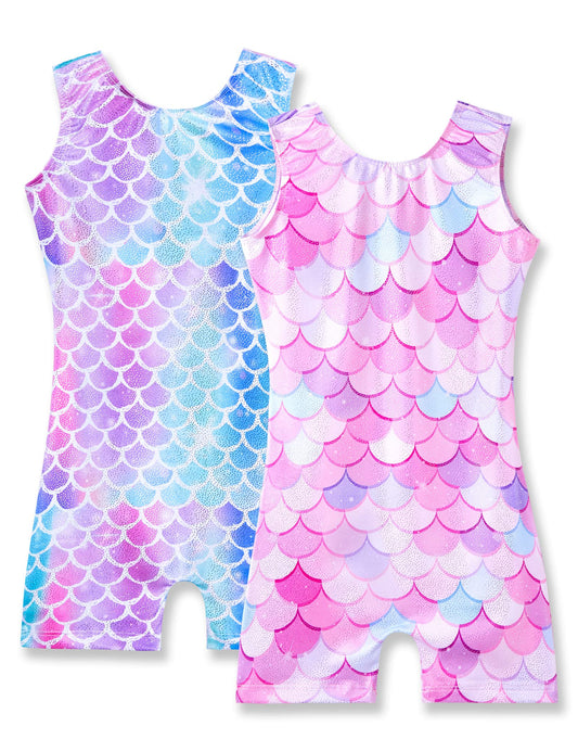Nymphperi Gymnastics Leotards for Girls Size 5-6 Years Old Shiny Sleeveless Blue Pink Biketards Sparkly Soft Multicolor Mermaid Scale Unitards for USA Kids Running Gift