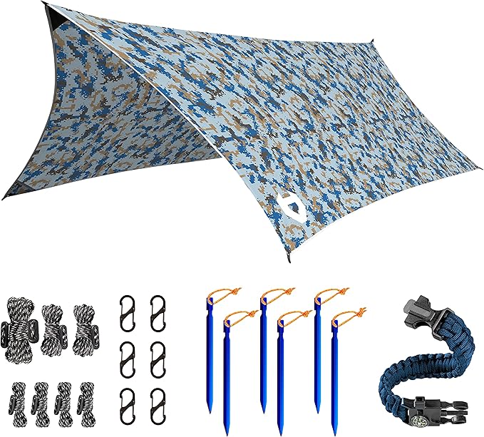 Rain Fly 12x10 Lightweight Survival Camping Tarp; 100% Waterproof; Makes a Great Backpacking Tarp or Hammock Shelter; Comes in Multiple Colors, Survival Bracelet Included; Camo Pixel Blue