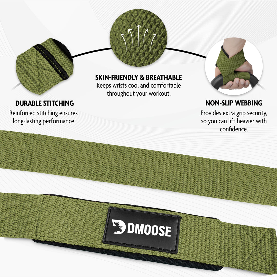DMoose Fitness Lifting Straps - 4mm Neoprene Padded Wrist Straps for Weightlifting & Powerlifting - Cotton Lifting Strap with Silicone Grip for Men & Women - Durable Deadlift Straps for Gym Workout