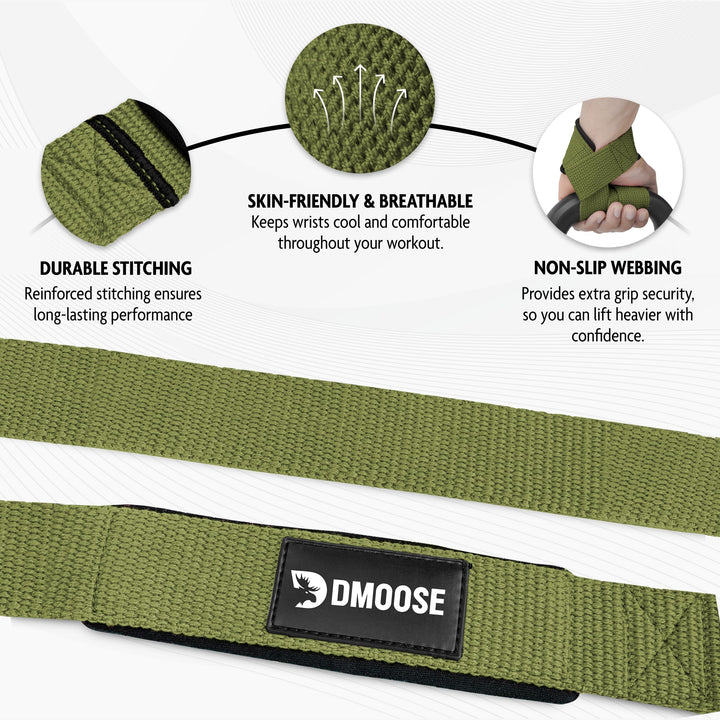 DMoose Fitness Lifting Straps - 4mm Neoprene Padded Wrist Straps for Weightlifting & Powerlifting - Cotton Lifting Strap with Silicone Grip for Men & Women - Durable Deadlift Straps for Gym Workout