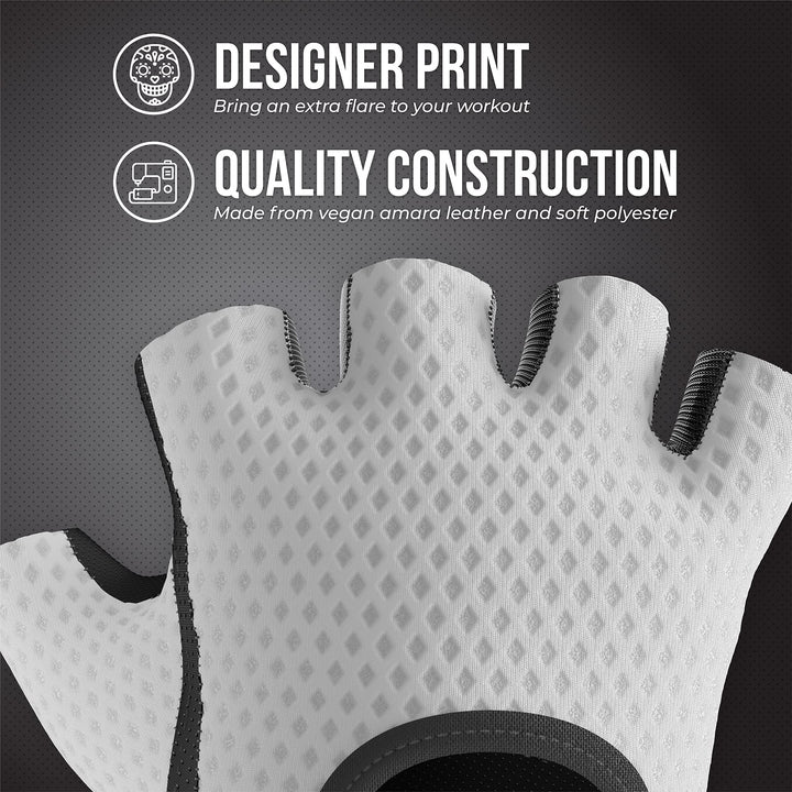 Contraband Pink Label 5307 Womens Designer Workout Gloves | Low Sweat Diamond Mesh Fabric w/Grip-Lock™ Silicone Palm (White, X-Small)