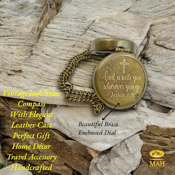 Handmade Religious Compass – “God is with You” Engraved Working Brass Gift – Christian Baptism, Confirmation, Christening or First Communion Keepsake for Boys, Teens & Men – Guided by Faith