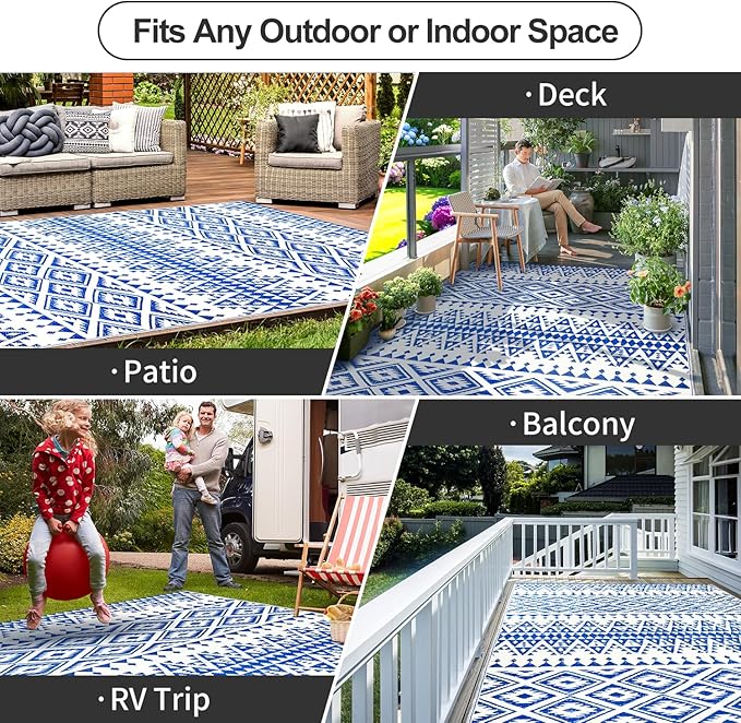 Waterproof Outdoor Rug 5x8ft, Bohemia Reversible Plastic Straw Mat for Patio RV Deck Porch Backyard Balcony Camping Picnic Beach Indoor Outdoor Carpet, Blue&White