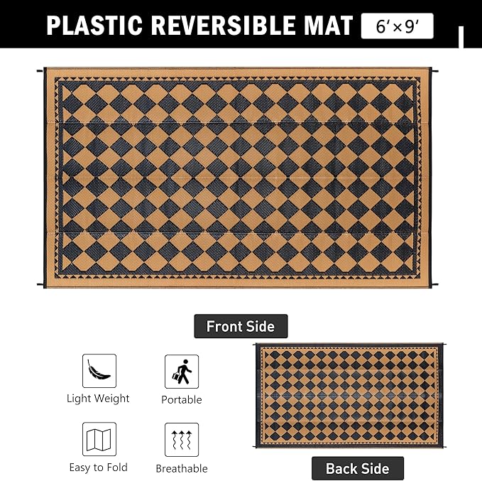 Outdoor Waterproof Rug 6'x9' Plastic Straw Rugs Washable Reversible Floor Mat Brown Plaid Carpet for Camping RV Deck Entryance Porch Picnic Balcony Beach Backyard