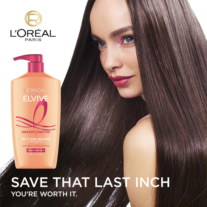 L'Oreal Paris Elvive Dream Lengths Restoring Shampoo With Fine Castor Oil and Vitamins B3 and B5 for Long, Damaged Hair, Visibly Repairs Damage Without Weighdown With System, 28 Fl Ounce