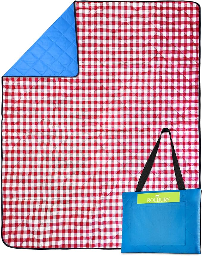 Beach Blanket Sand Proof & Outdoor Picnic Blanket - Water Resistant, Large Mat for Camping or Travel. Washable, Foldable, Easy Carry Compact Tote Bag (Checkered Red/White)