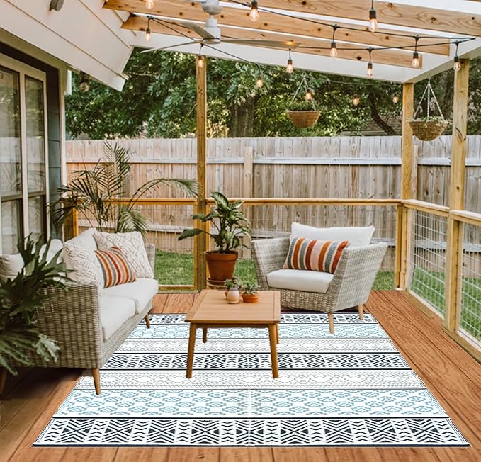 BalajeesUSA Outdoor Plastic Patio Rugs – 5x7, Grey, Teal Multipurpose Reversible mats Woven Plastic Straw All-Weather and Waterproof Rug Camper Mats Outdoor