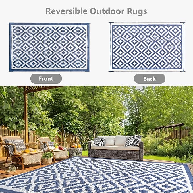 6x9 ft Outdoor Rug Waterproof, Plastic Straw Patio Carpet - UV Resistant Reversible Indoor Outdoor Rugs for Porch, Camping, Poolside, RV, Balcony, Easy to Clean, Blue and White