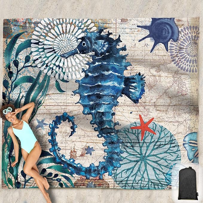 Beach Blanket Waterproof Sandproof Oversized 95”x 80”,Sand Free Beach Mat with Corner Pockets,Portable Mesh Bag for Beach Festival,Picnic,Travel and Outdoor Camping (Seahorse)
