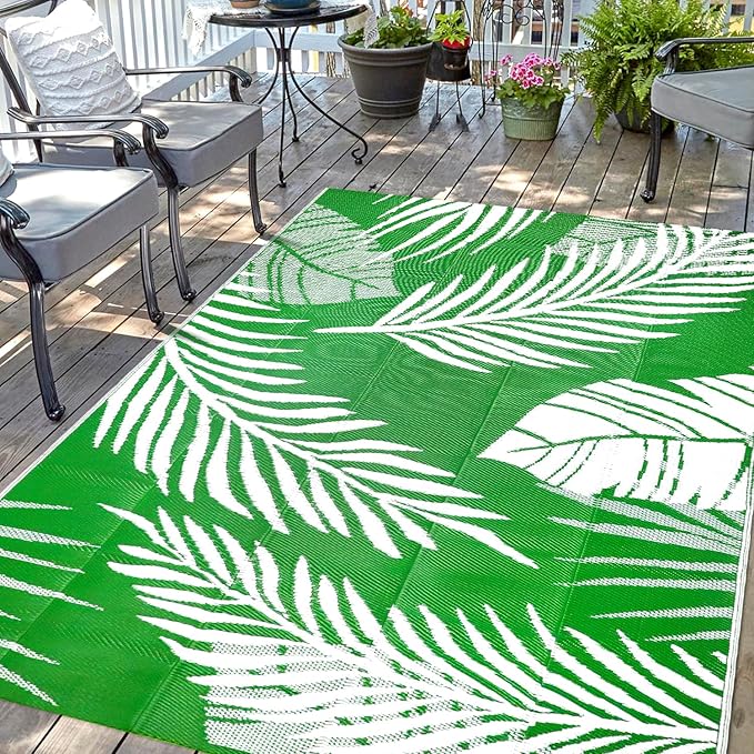 Waterproof Outdoor Rug 5x8ft, Green Leaf Reversible Plastic Straw Mat for Patio RV Deck Porch Backyard Balcony Camping Picnic Beach Indoor Outdoor Carpet, Green&White