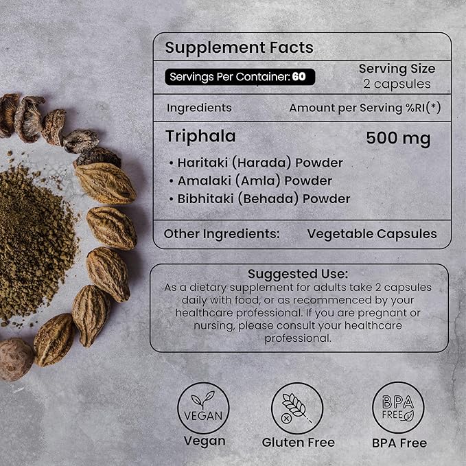 Triphala Capsules 500mg 60 Capsules -Herbal Supplement with Amla, Bibhitaki, Haritaki for Immune System & Digestive Health Support | Vegan Capsules for Men and Women…