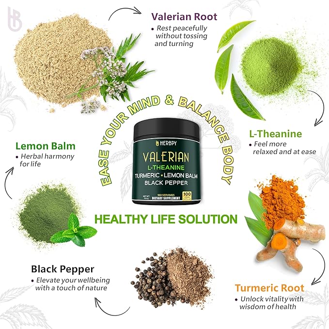 5in1 Valerian Root Capsules Plus L-Theanine, Lemon Balm, Turmeric and Black Pepper for Relaxation, Restful Night, Digestion & Immune Support - 100 Count