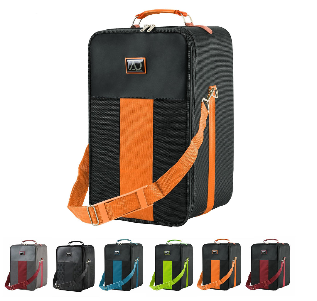 Small Wig Travel Box with Top Handle, Shoulder Strap & Double Zipper, Carrying Case with Removable Head-Holding Base - Black & Orange - by Adolfo Design