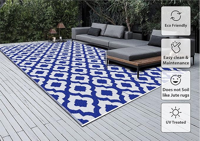 BalajeesUSA Outdoor Rug - 9x12 Blue, reversible Recycled Plastic straw Outdoor Patio Rugs Clearance Waterproof Large RV Camper Rug 484