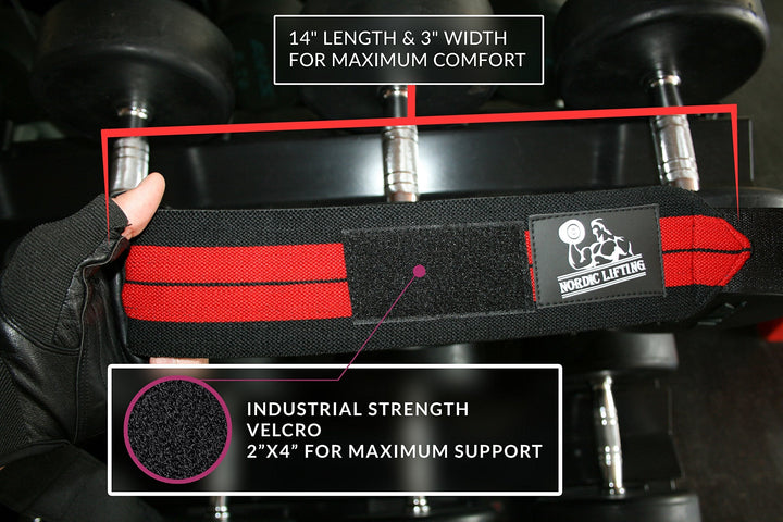 Nordic Lifting Wrist Wraps (1 Pair/2 Wraps) 14" for Weightlifting | Cross Training | Powerlifting - For Women & Men - Hand Strength & Support During Weight Lifting (Red) - 1 Year Warranty